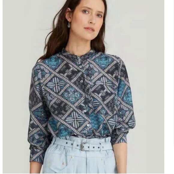 Megan Park Aulia Silk Blend Blouse Geometric Floral Block Print Size 6 - Picture 1 of 12